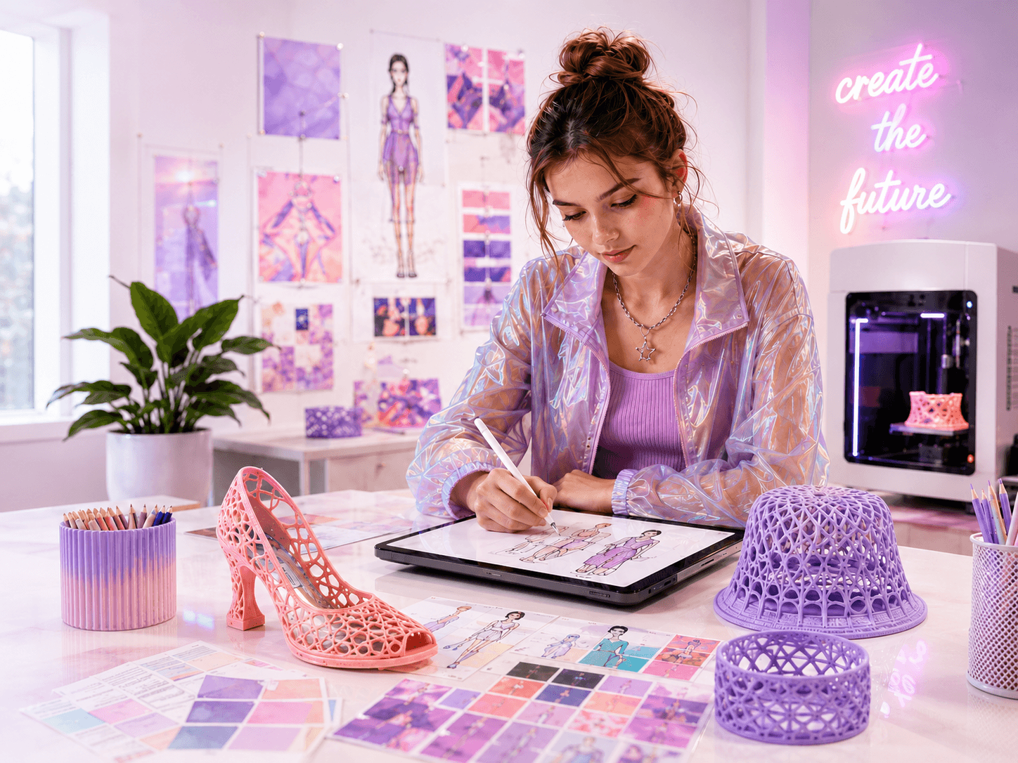 Dívka kreslí módní návrhy v kreativní laboratoři Makeful